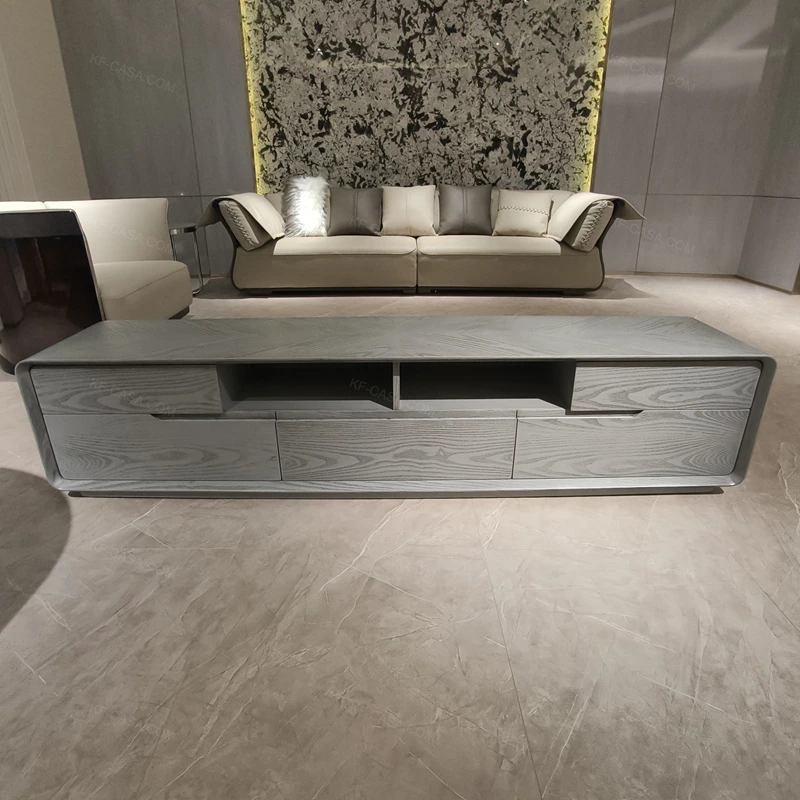 Contemporary Light Grey Wood TV Stand with Open Shelves and Handle-Free Drawers